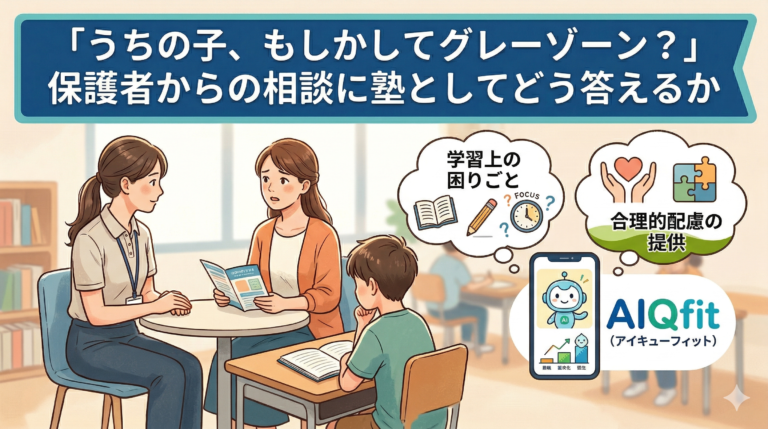 塾での「合理的配慮」を手軽に実現する次世代AI教材『AIQfit（アイキューフィット）』。LD、ADHD、自閉症スペクトラムといった発達障害や勉強が苦手な生徒一人ひとりの特性に合わせ、問題数や宿題、保護者コメントをAIが自動生成。講師の負担を減らし、他塾との差別化を図ります。中学校区1塾限定で受付中。