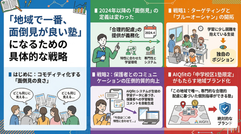 塾での「合理的配慮」を手軽に実現する次世代AI教材『AIQfit（アイキューフィット）』。LD、ADHD、自閉症スペクトラムといった発達障害や勉強が苦手な生徒一人ひとりの特性に合わせ、問題数や宿題、保護者コメントをAIが自動生成。講師の負担を減らし、他塾との差別化を図ります。中学校区1塾限定で受付中。