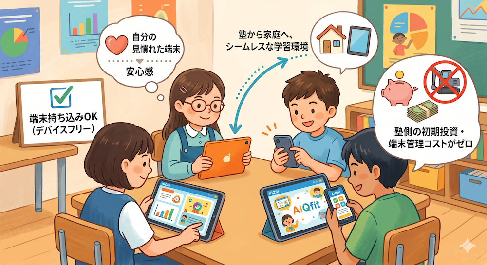 塾での「合理的配慮」を手軽に実現する次世代AI教材『AIQfit（アイキューフィット）』。LD、ADHD、自閉症スペクトラムといった発達障害や勉強が苦手な生徒一人ひとりの特性に合わせ、問題数や宿題、保護者コメントをAIが自動生成。講師の負担を減らし、他塾との差別化を図ります。中学校区1塾限定で受付中。
