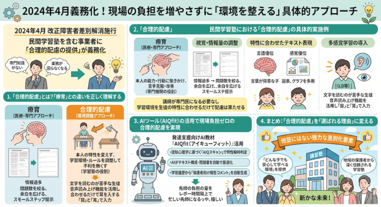 塾での「合理的配慮」を手軽に実現する次世代AI教材『AIQfit（アイキューフィット）』。LD、ADHD、自閉症スペクトラムといった発達障害や勉強が苦手な生徒一人ひとりの特性に合わせ、問題数や宿題、保護者コメントをAIが自動生成。講師の負担を減らし、他塾との差別化を図ります。中学校区1塾限定で受付中。