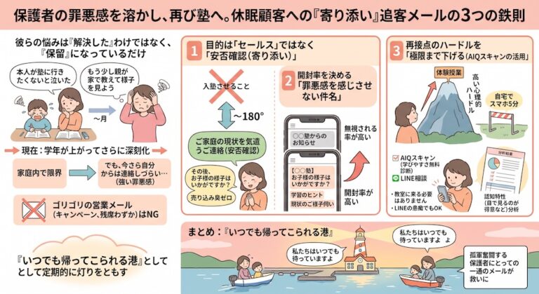 塾での「合理的配慮」を手軽に実現する次世代AI教材『AIQfit（アイキューフィット）』。LD、ADHD、自閉症スペクトラムといった発達障害や勉強が苦手な生徒一人ひとりの特性に合わせ、問題数や宿題、保護者コメントをAIが自動生成。講師の負担を減らし、他塾との差別化を図ります。中学校区1塾限定で受付中。