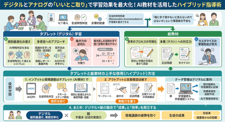 塾での「合理的配慮」を手軽に実現する次世代AI教材『AIQfit（アイキューフィット）』。LD、ADHD、自閉症スペクトラムといった発達障害や勉強が苦手な生徒一人ひとりの特性に合わせ、問題数や宿題、保護者コメントをAIが自動生成。講師の負担を減らし、他塾との差別化を図ります。中学校区1塾限定で受付中。