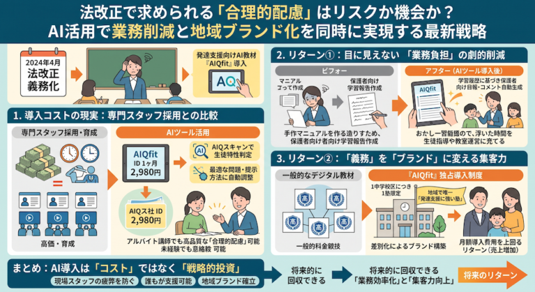 塾での「合理的配慮」を手軽に実現する次世代AI教材『AIQfit（アイキューフィット）』。LD、ADHD、自閉症スペクトラムといった発達障害や勉強が苦手な生徒一人ひとりの特性に合わせ、問題数や宿題、保護者コメントをAIが自動生成。講師の負担を減らし、他塾との差別化を図ります。中学校区1塾限定で受付中。