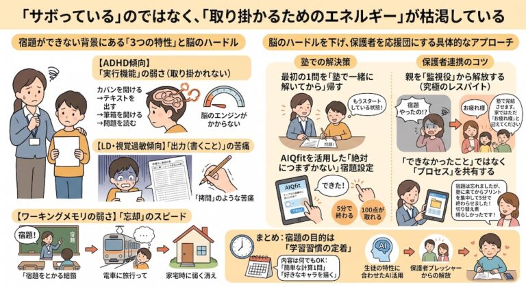 塾での「合理的配慮」を手軽に実現する次世代AI教材『AIQfit（アイキューフィット）』。LD、ADHD、自閉症スペクトラムといった発達障害や勉強が苦手な生徒一人ひとりの特性に合わせ、問題数や宿題、保護者コメントをAIが自動生成。講師の負担を減らし、他塾との差別化を図ります。中学校区1塾限定で受付中。