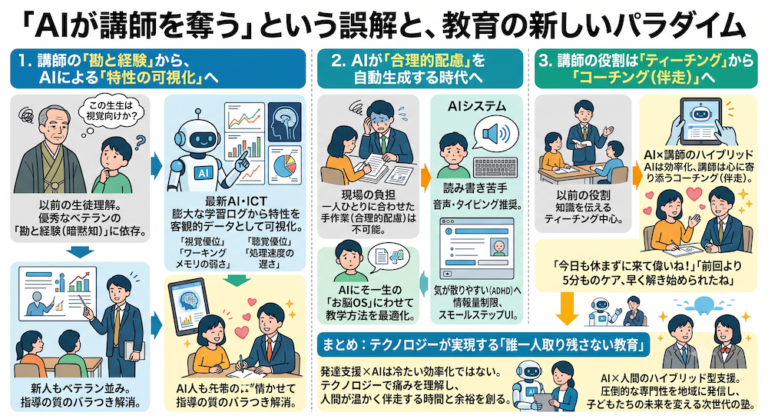 塾での「合理的配慮」を手軽に実現する次世代AI教材『AIQfit（アイキューフィット）』。LD、ADHD、自閉症スペクトラムといった発達障害や勉強が苦手な生徒一人ひとりの特性に合わせ、問題数や宿題、保護者コメントをAIが自動生成。講師の負担を減らし、他塾との差別化を図ります。中学校区1塾限定で受付中。