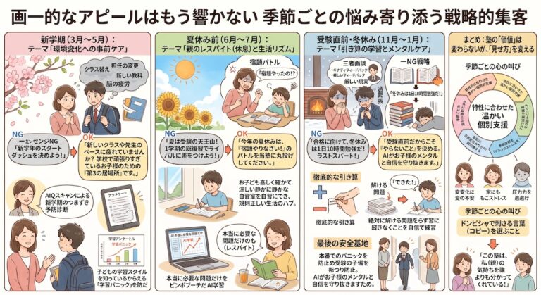塾での「合理的配慮」を手軽に実現する次世代AI教材『AIQfit（アイキューフィット）』。LD、ADHD、自閉症スペクトラムといった発達障害や勉強が苦手な生徒一人ひとりの特性に合わせ、問題数や宿題、保護者コメントをAIが自動生成。講師の負担を減らし、他塾との差別化を図ります。中学校区1塾限定で受付中。