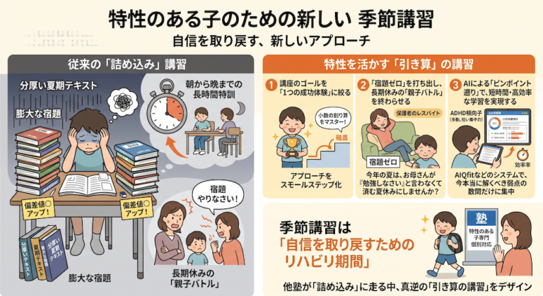 塾での「合理的配慮」を手軽に実現する次世代AI教材『AIQfit（アイキューフィット）』。LD、ADHD、自閉症スペクトラムといった発達障害や勉強が苦手な生徒一人ひとりの特性に合わせ、問題数や宿題、保護者コメントをAIが自動生成。講師の負担を減らし、他塾との差別化を図ります。中学校区1塾限定で受付中。