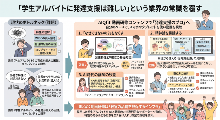 塾での「合理的配慮」を手軽に実現する次世代AI教材『AIQfit（アイキューフィット）』。LD、ADHD、自閉症スペクトラムといった発達障害や勉強が苦手な生徒一人ひとりの特性に合わせ、問題数や宿題、保護者コメントをAIが自動生成。講師の負担を減らし、他塾との差別化を図ります。中学校区1塾限定で受付中。