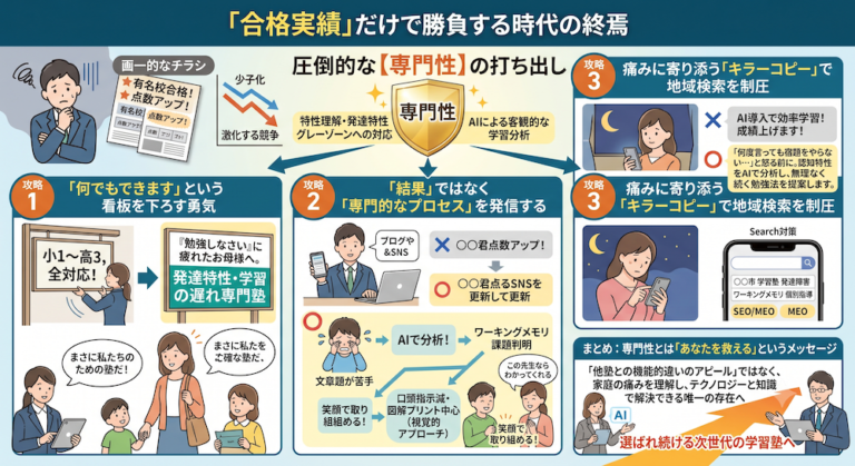 塾での「合理的配慮」を手軽に実現する次世代AI教材『AIQfit（アイキューフィット）』。LD、ADHD、自閉症スペクトラムといった発達障害や勉強が苦手な生徒一人ひとりの特性に合わせ、問題数や宿題、保護者コメントをAIが自動生成。講師の負担を減らし、他塾との差別化を図ります。中学校区1塾限定で受付中。