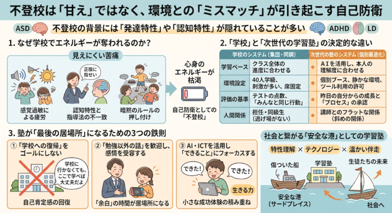 塾での「合理的配慮」を手軽に実現する次世代AI教材『AIQfit（アイキューフィット）』。LD、ADHD、自閉症スペクトラムといった発達障害や勉強が苦手な生徒一人ひとりの特性に合わせ、問題数や宿題、保護者コメントをAIが自動生成。講師の負担を減らし、他塾との差別化を図ります。中学校区1塾限定で受付中。