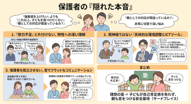 塾での「合理的配慮」を手軽に実現する次世代AI教材『AIQfit（アイキューフィット）』。LD、ADHD、自閉症スペクトラムといった発達障害や勉強が苦手な生徒一人ひとりの特性に合わせ、問題数や宿題、保護者コメントをAIが自動生成。講師の負担を減らし、他塾との差別化を図ります。中学校区1塾限定で受付中。