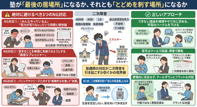 塾での「合理的配慮」を手軽に実現する次世代AI教材『AIQfit（アイキューフィット）』。LD、ADHD、自閉症スペクトラムといった発達障害や勉強が苦手な生徒一人ひとりの特性に合わせ、問題数や宿題、保護者コメントをAIが自動生成。講師の負担を減らし、他塾との差別化を図ります。中学校区1塾限定で受付中。