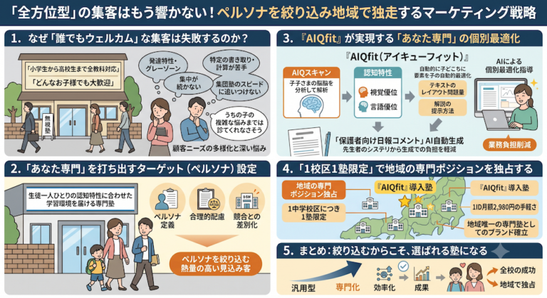 塾での「合理的配慮」を手軽に実現する次世代AI教材『AIQfit（アイキューフィット）』。LD、ADHD、自閉症スペクトラムといった発達障害や勉強が苦手な生徒一人ひとりの特性に合わせ、問題数や宿題、保護者コメントをAIが自動生成。講師の負担を減らし、他塾との差別化を図ります。中学校区1塾限定で受付中。