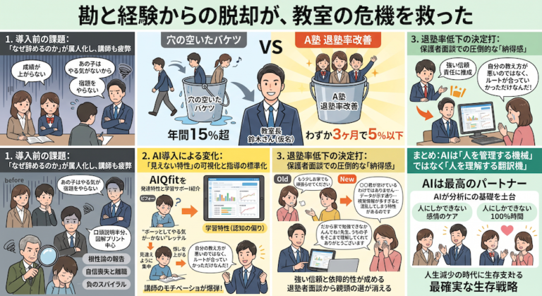 塾での「合理的配慮」を手軽に実現する次世代AI教材『AIQfit（アイキューフィット）』。LD、ADHD、自閉症スペクトラムといった発達障害や勉強が苦手な生徒一人ひとりの特性に合わせ、問題数や宿題、保護者コメントをAIが自動生成。講師の負担を減らし、他塾との差別化を図ります。中学校区1塾限定で受付中。