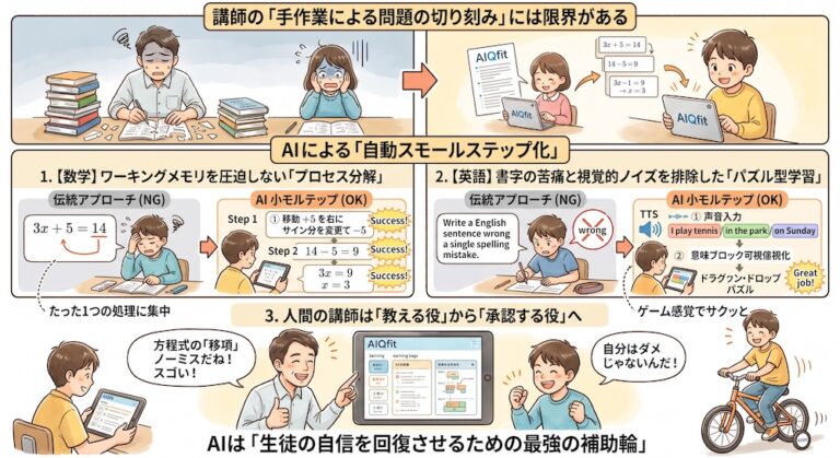 塾での「合理的配慮」を手軽に実現する次世代AI教材『AIQfit（アイキューフィット）』。LD、ADHD、自閉症スペクトラムといった発達障害や勉強が苦手な生徒一人ひとりの特性に合わせ、問題数や宿題、保護者コメントをAIが自動生成。講師の負担を減らし、他塾との差別化を図ります。中学校区1塾限定で受付中。