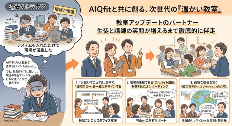 塾での「合理的配慮」を手軽に実現する次世代AI教材『AIQfit（アイキューフィット）』。LD、ADHD、自閉症スペクトラムといった発達障害や勉強が苦手な生徒一人ひとりの特性に合わせ、問題数や宿題、保護者コメントをAIが自動生成。講師の負担を減らし、他塾との差別化を図ります。中学校区1塾限定で受付中。