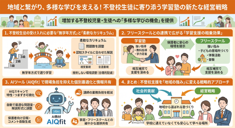 塾での「合理的配慮」を手軽に実現する次世代AI教材『AIQfit（アイキューフィット）』。LD、ADHD、自閉症スペクトラムといった発達障害や勉強が苦手な生徒一人ひとりの特性に合わせ、問題数や宿題、保護者コメントをAIが自動生成。講師の負担を減らし、他塾との差別化を図ります。中学校区1塾限定で受付中。