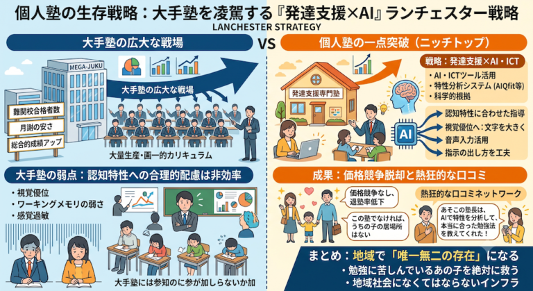 塾での「合理的配慮」を手軽に実現する次世代AI教材『AIQfit（アイキューフィット）』。LD、ADHD、自閉症スペクトラムといった発達障害や勉強が苦手な生徒一人ひとりの特性に合わせ、問題数や宿題、保護者コメントをAIが自動生成。講師の負担を減らし、他塾との差別化を図ります。中学校区1塾限定で受付中。