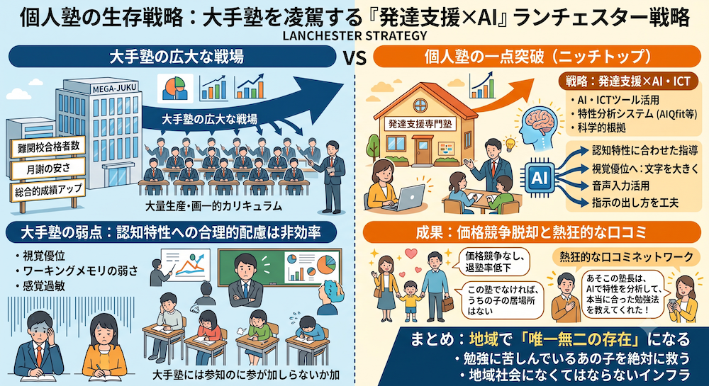 塾での「合理的配慮」を手軽に実現する次世代AI教材『AIQfit(アイキューフィット)』。LD、ADHD、自閉症スペクトラムといった発達障害や勉強が苦手な生徒一人ひとりの特性に合わせ、問題数や宿題、保護者コメントをAIが自動生成。講師の負担を減らし、他塾との差別化を図ります。中学校区1塾限定で受付中。