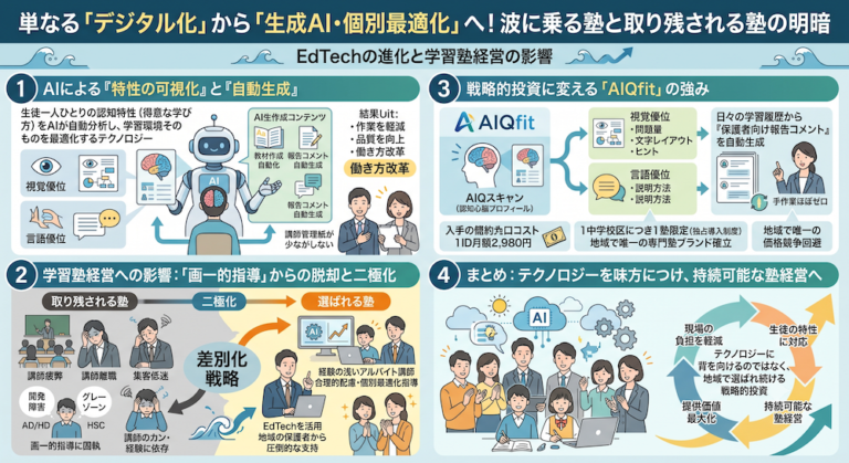 塾での「合理的配慮」を手軽に実現する次世代AI教材『AIQfit（アイキューフィット）』。LD、ADHD、自閉症スペクトラムといった発達障害や勉強が苦手な生徒一人ひとりの特性に合わせ、問題数や宿題、保護者コメントをAIが自動生成。講師の負担を減らし、他塾との差別化を図ります。中学校区1塾限定で受付中。