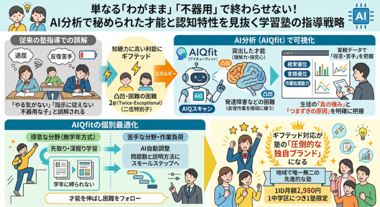 塾での「合理的配慮」を手軽に実現する次世代AI教材『AIQfit（アイキューフィット）』。LD、ADHD、自閉症スペクトラムといった発達障害や勉強が苦手な生徒一人ひとりの特性に合わせ、問題数や宿題、保護者コメントをAIが自動生成。講師の負担を減らし、他塾との差別化を図ります。中学校区1塾限定で受付中。