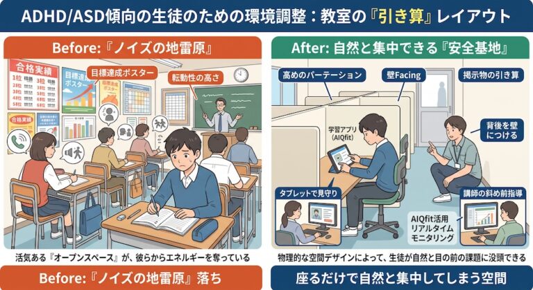 塾での「合理的配慮」を手軽に実現する次世代AI教材『AIQfit（アイキューフィット）』。LD、ADHD、自閉症スペクトラムといった発達障害や勉強が苦手な生徒一人ひとりの特性に合わせ、問題数や宿題、保護者コメントをAIが自動生成。講師の負担を減らし、他塾との差別化を図ります。中学校区1塾限定で受付中。