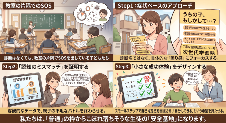 塾での「合理的配慮」を手軽に実現する次世代AI教材『AIQfit（アイキューフィット）』。LD、ADHD、自閉症スペクトラムといった発達障害や勉強が苦手な生徒一人ひとりの特性に合わせ、問題数や宿題、保護者コメントをAIが自動生成。講師の負担を減らし、他塾との差別化を図ります。中学校区1塾限定で受付中。