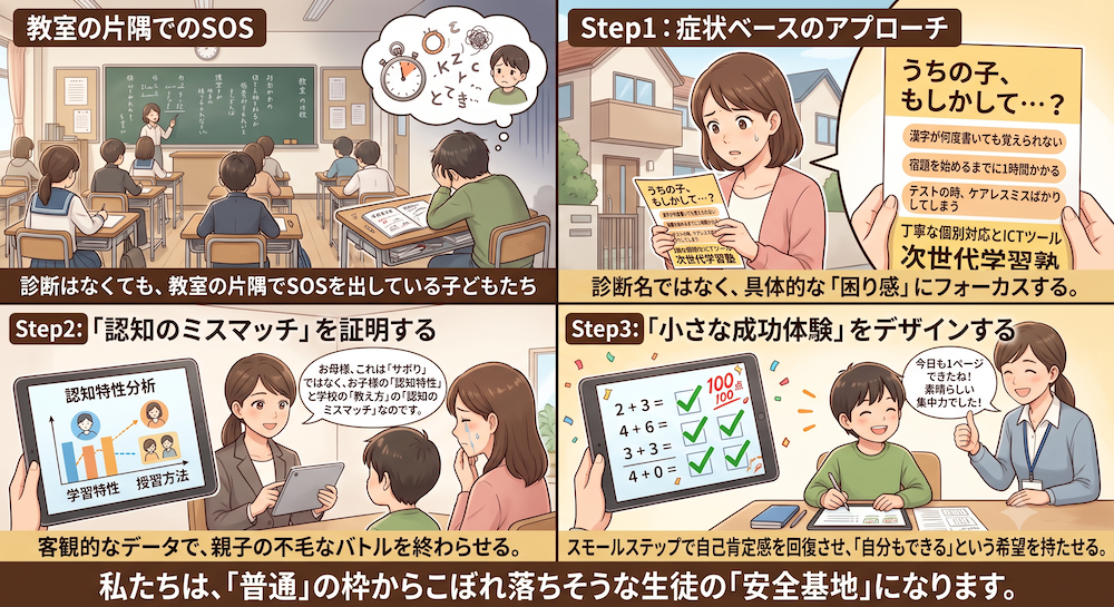 塾での「合理的配慮」を手軽に実現する次世代AI教材『AIQfit(アイキューフィット)』。LD、ADHD、自閉症スペクトラムといった発達障害や勉強が苦手な生徒一人ひとりの特性に合わせ、問題数や宿題、保護者コメントをAIが自動生成。講師の負担を減らし、他塾との差別化を図ります。中学校区1塾限定で受付中。