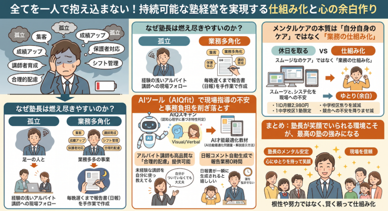 塾での「合理的配慮」を手軽に実現する次世代AI教材『AIQfit（アイキューフィット）』。LD、ADHD、自閉症スペクトラムといった発達障害や勉強が苦手な生徒一人ひとりの特性に合わせ、問題数や宿題、保護者コメントをAIが自動生成。講師の負担を減らし、他塾との差別化を図ります。中学校区1塾限定で受付中。