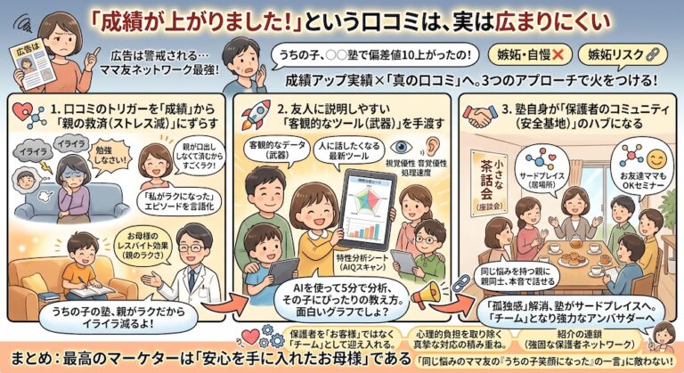 塾での「合理的配慮」を手軽に実現する次世代AI教材『AIQfit（アイキューフィット）』。LD、ADHD、自閉症スペクトラムといった発達障害や勉強が苦手な生徒一人ひとりの特性に合わせ、問題数や宿題、保護者コメントをAIが自動生成。講師の負担を減らし、他塾との差別化を図ります。中学校区1塾限定で受付中。