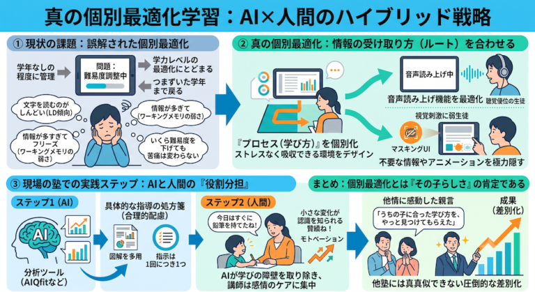 塾での「合理的配慮」を手軽に実現する次世代AI教材『AIQfit（アイキューフィット）』。LD、ADHD、自閉症スペクトラムといった発達障害や勉強が苦手な生徒一人ひとりの特性に合わせ、問題数や宿題、保護者コメントをAIが自動生成。講師の負担を減らし、他塾との差別化を図ります。中学校区1塾限定で受付中。