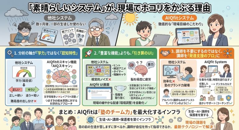 塾での「合理的配慮」を手軽に実現する次世代AI教材『AIQfit（アイキューフィット）』。LD、ADHD、自閉症スペクトラムといった発達障害や勉強が苦手な生徒一人ひとりの特性に合わせ、問題数や宿題、保護者コメントをAIが自動生成。講師の負担を減らし、他塾との差別化を図ります。中学校区1塾限定で受付中。
