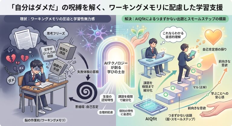 塾での「合理的配慮」を手軽に実現する次世代AI教材『AIQfit（アイキューフィット）』。LD、ADHD、自閉症スペクトラムといった発達障害や勉強が苦手な生徒一人ひとりの特性に合わせ、問題数や宿題、保護者コメントをAIが自動生成。講師の負担を減らし、他塾との差別化を図ります。中学校区1塾限定で受付中。