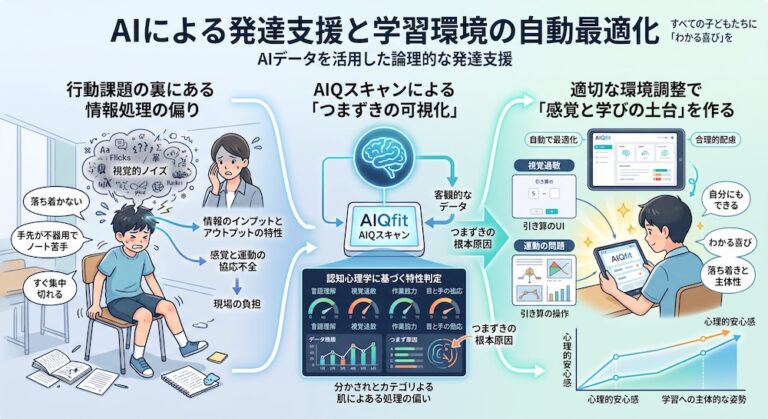塾での「合理的配慮」を手軽に実現する次世代AI教材『AIQfit（アイキューフィット）』。LD、ADHD、自閉症スペクトラムといった発達障害や勉強が苦手な生徒一人ひとりの特性に合わせ、問題数や宿題、保護者コメントをAIが自動生成。講師の負担を減らし、他塾との差別化を図ります。中学校区1塾限定で受付中。