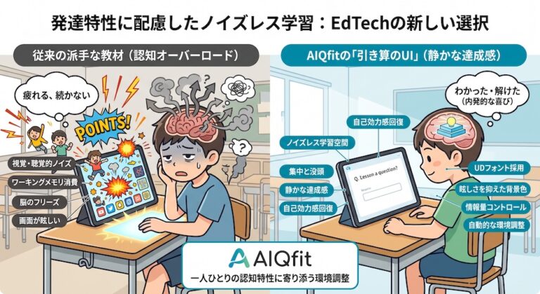 塾での「合理的配慮」を手軽に実現する次世代AI教材『AIQfit（アイキューフィット）』。LD、ADHD、自閉症スペクトラムといった発達障害や勉強が苦手な生徒一人ひとりの特性に合わせ、問題数や宿題、保護者コメントをAIが自動生成。講師の負担を減らし、他塾との差別化を図ります。中学校区1塾限定で受付中。