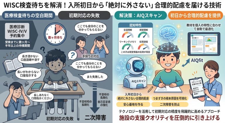 塾での「合理的配慮」を手軽に実現する次世代AI教材『AIQfit（アイキューフィット）』。LD、ADHD、自閉症スペクトラムといった発達障害や勉強が苦手な生徒一人ひとりの特性に合わせ、問題数や宿題、保護者コメントをAIが自動生成。講師の負担を減らし、他塾との差別化を図ります。中学校区1塾限定で受付中。